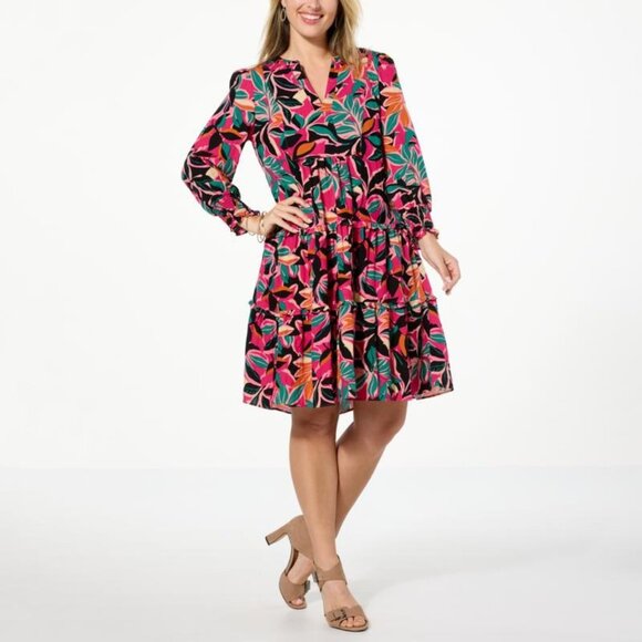 G by Giuliana Serafina Tiered V Neck Dress Size Medium Pink Multi Tropical Boho - Picture 1 of 6